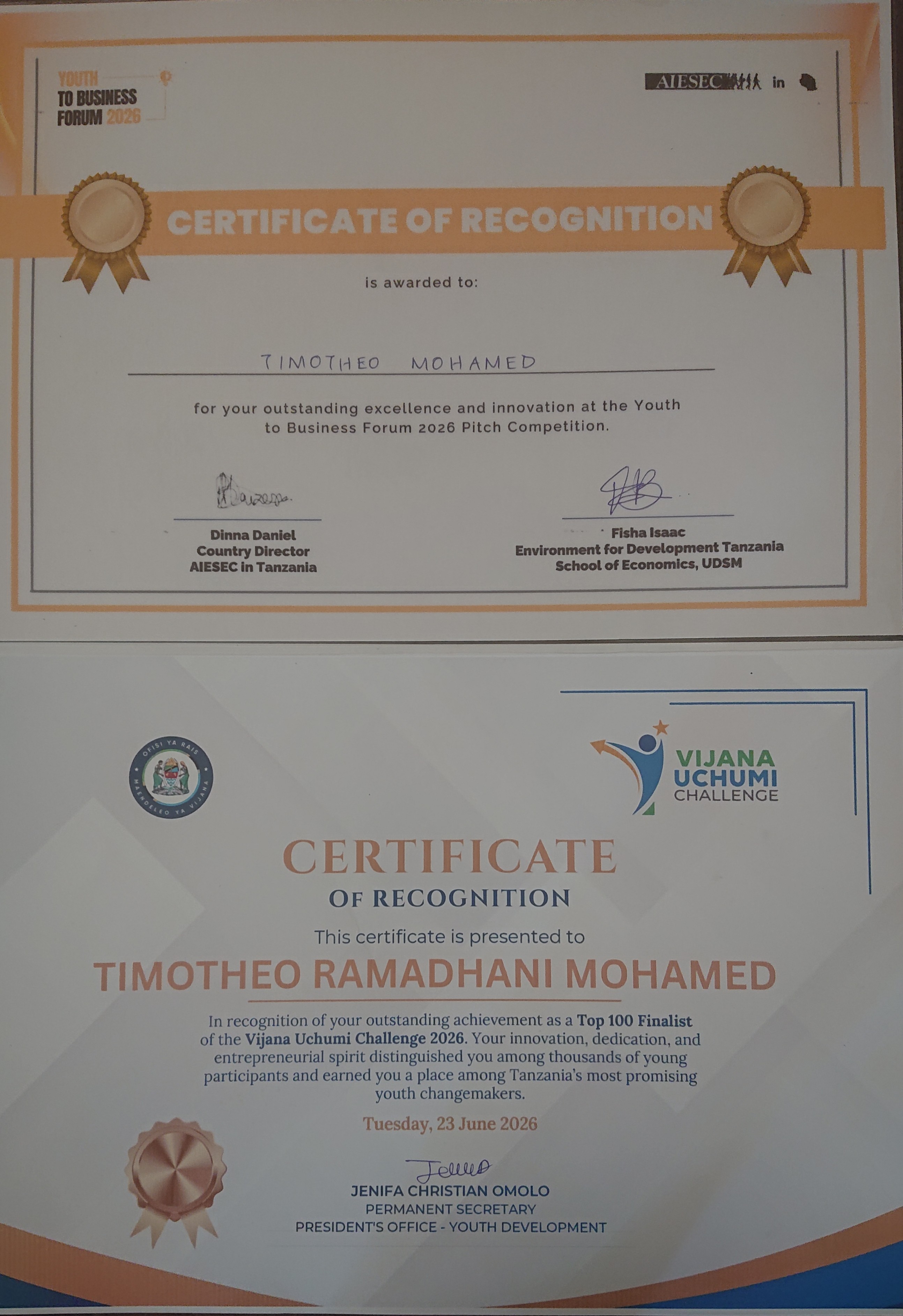 Timotheo Ramadhani Mohamed with an innovation certificate